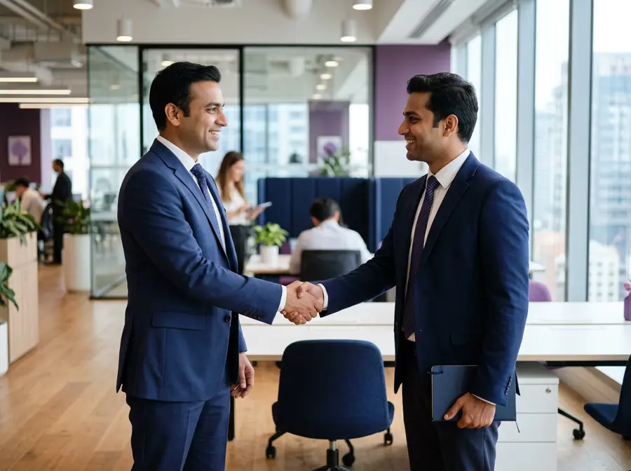 Two business professionals shaking hands in a modern office